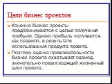 Цели бизнес проектов. Конечно бизнес проекты предпринимаются с целью получения прибыли. Однако прибыль получается, как правило, в результате использования продукта проекта. Поэтому оценка привлекательности бизнес проекта охватывает период, значительно превосходящий жизненный цикл проекта.