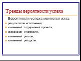 Вероятности успеха меняются из-за: результатов исполнения, изменений содержания проекта, изменений стоимости, изменений рисков, изменений ресурсов.