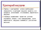 Наряду с критериями успеха необходимо определить и критерии неудачи проекта, а в процессе исполнения отслеживать вероятность неудачи. Команда управления проектом должна поднимать вопрос о его прекращении, если вероятность неудачи становится достаточно высокой.