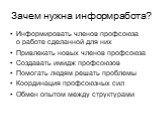 Зачем нужна информработа? Информировать членов профсоюза о работе сделанной для них Привлекать новых членов профсоюза Создавать имидж профсоюзов Помогать людям решать проблемы Координация профсоюзных сил Обмен опытом между структурами