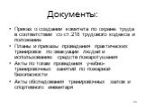 Документы: Приказ о создании комитета по охране труда в соответствии со ст.218 трудового кодекса и положение Планы и приказы проведения практических тренировок по эвакуации людей и использованию средств пожаротушения Акты по тогам проведения учебно-тренировочных занятий по пожарной безопасности Акты