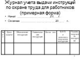Журнал учета выдачи инструкций по охране труда для работников (примерная форма). Начат ____________________20___г. Окончен _____________________20___ г.