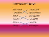 Кто чем питается. ЛЯГУШКА ПЫЛЬЦОЙ БАБОЧКА КОМАРАМИ ЛИСА ЖЁЛУДЯМИ КАБАН МЫШАМ БЕЛКА КОРОЙ ЗАЯЦ ОРЕХАМИ