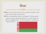 Две горизонтальные полосы, нижняя зеленая в два раза тоньше верхней красной Около древка вертикально размещен белорусский национальный орнамент красного цвета на белом фоне, составляющем 1/9 длины флага, отношение ширины флага. Флаг