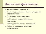 Диагностика эффективности. Анкетирование учащихся. Экспресс-диагностика после проведения классного часа. Посещение классного часа: -наблюдение за деятельностью участников; -собеседование после проведения. Работа с дневником классного руководителя.