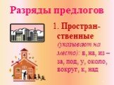 Разряды предлогов. 1. Простран-ственные (указывают на место): в, на, из – за, под, у, около, вокруг, к, над