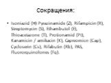 Сокращения: Isoniazid (H) Pyrazinamide (Z), Rifampicin (R), Streptomycin (S), Ethambutol (E), Thioacetazone (T), Protionamid (Pt), Kanamicin / amikacin (K), Capreomicn (Cap), Cycloserin (Cs), Rifabutin (Rb), PAS, Fluororquinolones (Fq).