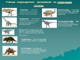 Учёные подразделяют динозавров на следующие группы: Тероподы – хищные двуногие динозавры вроде тираннозавра. Зауроподы – гигантские травоядные динозавры вроде диплодока и брахиозавра. Орнитоподы – травоядные динозавры меньших размеров передвигавшиеся на двух ногах вроде игуанодона и утконосых диноза