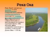 Река Ока. Река берёт начало из родника в селе Александровка Глазуновского района Орловской области, проходит по Средне-Русской возвышенности Река Ока является самым большим и многоводным из правых притоков Волги. Обе великие реки соединяют свои воды у Нижнего Новгорода. Длина Оки -1480 км.