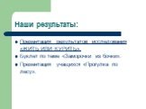 Наши результаты: Презентация результатов исследования «ЖИТЬ ИЛИ КУРИТЬ». Буклет по теме «Заморочки из бочки». Презентация учащихся «Прогулка по лесу».