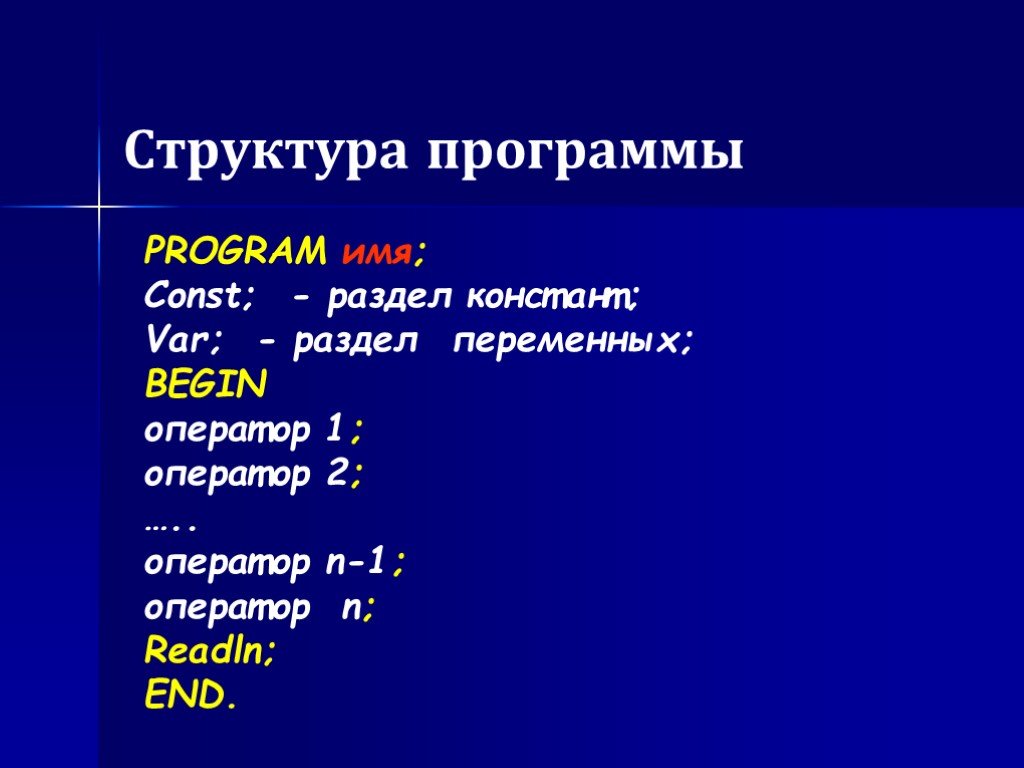 Program name. Структура программы Turbo Pascal. Program имя программы const имя константы. Основная структура программы константы. Turbo Pascal 1.структура программы.