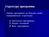 Структура программы. Заголовок программы Раздел описаний Тело программы. Любая программа на Паскале имеет определенную структуру: