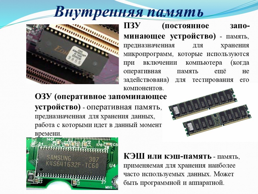 Компьютерная память устройство. Внутренняя память компьютера процессор ПЗУ ОЗУ. Внутренняя память компьютера. ОЗУ И кэш. Внутренняя память компьютера ОЗУ И ПЗУ кеш память. Оперативная память ПК схема ОЗУ.