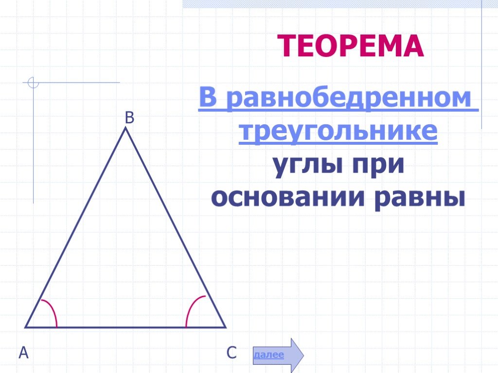 Углы при основании равнобедренного треугольника равны теорема. В равнобедренном треугольнике углы при основании равны. При основании равнобедренного треугольника. Угол при основе равнобедренного треугольника. Теорема в равнобедренном треугольнике углы при основании равны.