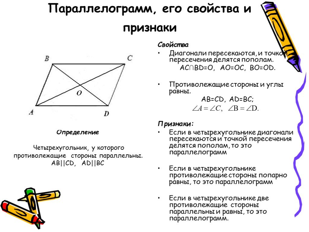 Одна из диагоналей параллелограмма является его высотой. Определение параллелограмма и его свойства и признаки. Параллелограмм определение свойства признаки. Параллелограмм. Свойства параллелограмма. Признаки параллелограмма.. Сформулировать свойства и признаки параллелограмма.