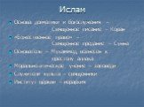 Основа догматики и богослужения – Священное писание – Коран «Божественное право» – Священное предание – Сунна Основатель – Мухаммед, вознесен к престолу аллаха Морально-этическое учение – заповеди Служители культа – священники Институт церкви – иерархия