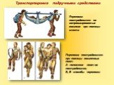 Транспортировка подручными средствами. Переноска пострадавшего на импровизированных носилках при помощи шеста. Переноска пострадавшего при помощи носилочных лент: А - положение лент на пострадавшем; Б, В - способы переноски