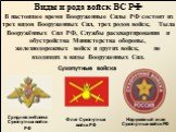 Виды и рода войск ВС РФ В настоящее время Вооруженные Силы РФ состоят из трех видов Вооруженных Сил, трех родов войск, Тыла Вооружённых Сил РФ, Службы расквартирования и обустройства Министерства обороны, железнодорожных войск и других войск, не входящих в виды Вооруженных Сил. Средняя эмблема Сухоп