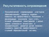 Результативность сопровождения. Психологическое сопровождение участников образовательного процесса позволит повысить его эффективность. Положения и рекомендации психологов могут стать основой проведения мониторингов с целью оценки успешности личностного и познавательного развития детей, позволит сох