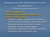 Национальная образовательная инициатива «Наша новая школа». Школа будущего Основные направления развития общего образования Переход на новые образовательные стандарты Развитие системы поддержки талантливых детей Совершенствование учительского корпуса Изменение школьной инфраструктуры Сохранение и ук