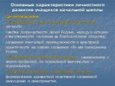 Основные характеристики личностного развития учащихся начальной школы. Самоопределение 1.Формирование основ гражданской идентичности личности: чувства сопричастности своей Родине, народу и истории ответственности человека за благосостояние общества; осознания этнической принадлежности и культурной и