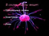 В состав плазмы входят: Нейтральные атомы Электроны Ионы
