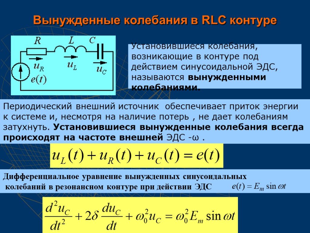 Собственная частота тока. Вынужденные колебания в RLC контуре. Дифференциальное уравнение колебаний в последовательном RLC контуре. Вынужденные электромагнитные колебания в RLC-контуре.. Вынужденные колебания в электрическом контуре.