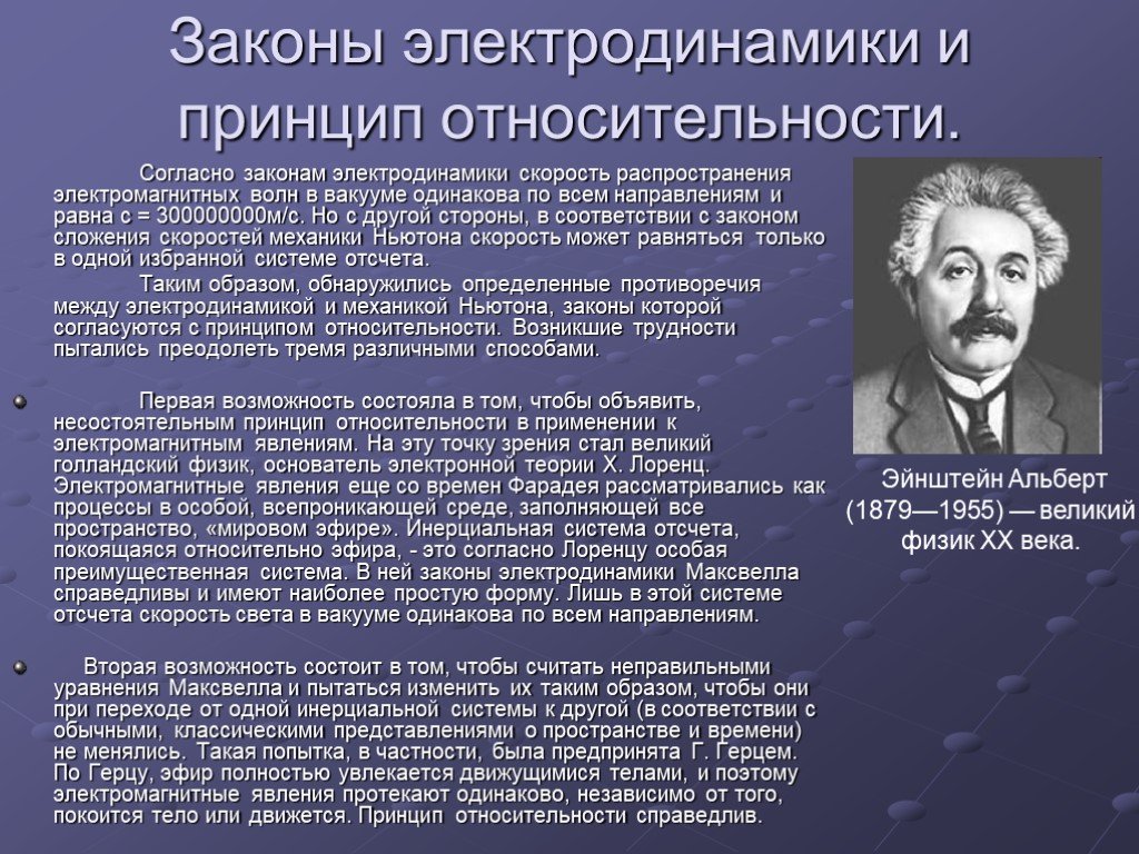 Теории физиков. Принцип относительности в механике и электродинамике. Законы электродинамики и принцип. Законы элеутро динамики. Принципы теории относительности.