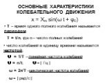 число колебаний в единицу времени называется частотой; υ = 1/Т – линейная частота колебаний υ= n/t; υ= [ Гц ] ω = 2π/Т –циклическая частота колебаний ω = [ рад/с ]. Т – время одного полного колебания называется периодом; Т = t/n, где n – число полных колебаний