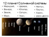12 планет Солнечной системы. Меркурий, Венера, Земля, Марс, Церера, Юпитер, Сатурн, Уран, Нептун, Плутон, Харон, 2003 UB313