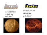 m=4,9X1024 кг r=6050 км g=8,9 м/с2. Венера Меркурий. m=0,36X102кг r=2440 км g=3,7м/с2