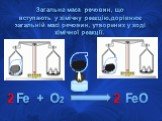 Загальна маса речовин, що вступають у хімічну реакцію,дорівнює загальній масі речовин, утворених у ході хімічної реакції. Fe FeO +