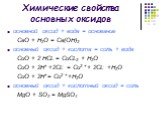 Химические свойства основных оксидов. основной оксид + вода = основание СаO + H2O = Са(OН)2 основный оксид + кислота = соль + вода CuO + 2 HCL = CuCL2 + H2O CuO + 2H+ +2CL- = Cu2 + + 2CL- +Н2О CuO + 2H+ = Cu2 + +Н2О основный оксид + кислотный оксид = соль MgO + SO3 = MgSO4