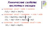 Химические свойства кислотных оксидов. кислотный оксид + вода = кислота Р2O5 + 3H2O = 2H3РO4 кислотный оксид + основание = соль + вода CO2 + Mg(OН)2= MgCO3 + H2O CO2 + Mg+ +2OН- = MgCO3 + Н2О кислотный оксид + основный оксид = соль SO3 + MgO = MgSO4