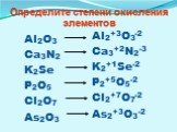 Определите степени окисления элементов. Al2O3 Ca3N2 K2Se P2O5 Cl2O7 As2O3. Al2+3O3-2 Ca3+2N2-3 K2+1Se-2 P2+5O5-2 Cl2+7O7-2 As2+3O3-2