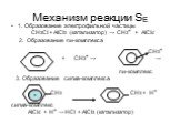 Механизм реакции SЕ. 1. Образование электрофильной частицы СН3Сl + AlCl3 (катализатор) → CH3+ + AlCl4- 2. Образование пи-комплекса СН3+ + СН3+ → → пи-комплекс 3. Образование сигма-комплекса СН3 СН3 + Н+ сигма-комплекс AlCl4- + H+ → HCl + AlCl3 (катализатор). +