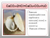 CaCO3+2HCI=CaCI2+CO2+H2O. Реакция взаимодействия карбоната кальция( соли) и соляной кислоты Реакция обмена