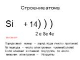 Строение атома Si + 14) ) ) 2 e 8e 4e - ЗАПОМНИ!!! Порядковый номер - заряд ядра (число протонов) № периода – число электронных уровней(слоёв) Если элемент в главной подгруппе, то число внешних электронов – № группы