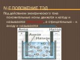 IV-е положение ТЭД. Под действием электрического тока положительные ионы движутся к катоду и называются катионами, а отрицательные – к аноду и называются анионами.