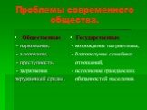 Проблемы современного общества. Общественные - наркомания, - алкоголизм, - преступность, - загрязнения окружающей среды . Государственные - возрождение патриотизма, - благополучие семейных отношений, - исполнение гражданских обязанностей населения.