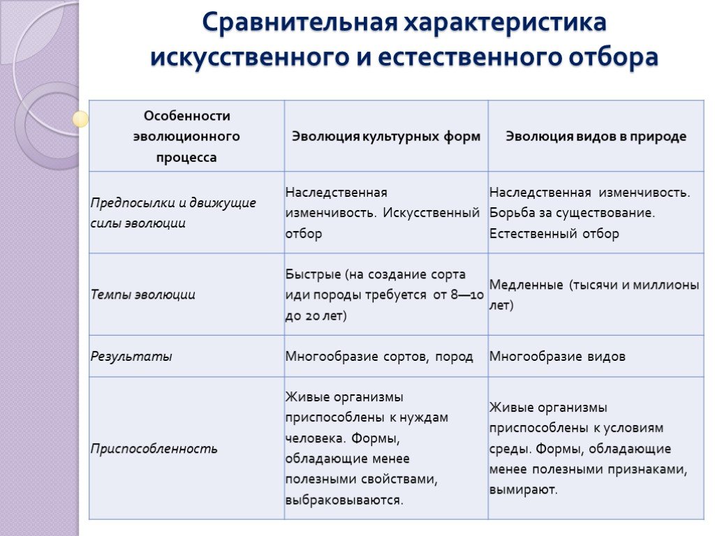 Характеристика естественного отбора по плану отбирающий фактор направление скорость результат