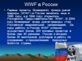 WWF в России. Первые проекты Всемирного фонда дикой природы (WWF) в России начались еще в 1988 году, а в 1994 году открылось Российское Представительство WWF. В 2004 году Всемирный фонд дикой природы стал Российской национальной организацией. За годы работы в России WWF успешно осуществил более 200 