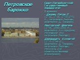 Санкт-Петербургский Государственный Университет В зданиях: - Дворец Петра II (1710..1714, 1759-1761 гг.; петровское барокко; архитектор Д. Трезини) Ректорский флигель (1794, 1840-1842 гг.; архитектор А.Ф.Щедрин; стилизация под петровское барокко) Двенадцать Коллегий (1722-1744 гг.; архитектор Д. Тре