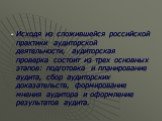 Исходя из сложившейся российской практики аудиторской деятельности, аудиторская проверка состоит из трех основных этапов: подготовка и планирование аудита, сбор аудиторских доказательств, формирование мнения аудитора и оформление результатов аудита.