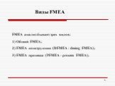FМEA анализ бывает трех видов: 1) Общий FMEA; 2) FMEA конструкции (DFМEA - desing FМEA); 3) FMEA процесса (PFМEA - process FМЕА). Виды FMEA
