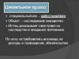 Цивильное право: специальный иск – petitio hereditatis Объект – наследуемое имущество Истец доказывает свое право на наследство и владение противника По иску истребовались все вещи, их доходы и приращения, обязательства