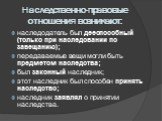 Наследственно-правовые отношения возникают: наследодатель был дееспособный (только при наследовании по завещанию); передаваемые вещи могли быть предметом наследства; был законный наследник; этот наследник был способен принять наследство; наследник заявлял о принятии наследства.