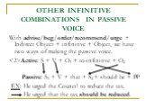 With advise/beg/order/recommend/urge + Indirect Object + infinitive + Object, we have two ways of making the passive voice. Active: S + V + O1 + to-infinitive + O2 Passive: S1 + V + that + S2 + should be + PP EX: He urged the Council to reduce the tax. He urged that the tax should be reduced.