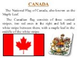 The National Flag of Canada, also known as the Maple Leaf. The Canadian flag consists of three vertical stripes, two red ones in the right and left and a white stripe between them, with a maple leaf in the middle of the white stripe.