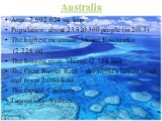 Area: 7.692.024 sq. kms Population: about 23.820.300 people (in 2015) The highest mountain: Mount Kosciuszko (2.228 m) The longest river: Murray (2.508 km) The Great Barrier Reef – the world's largest coral reef (over 2,000 km) The capital: Canberra Largest city: Sydney